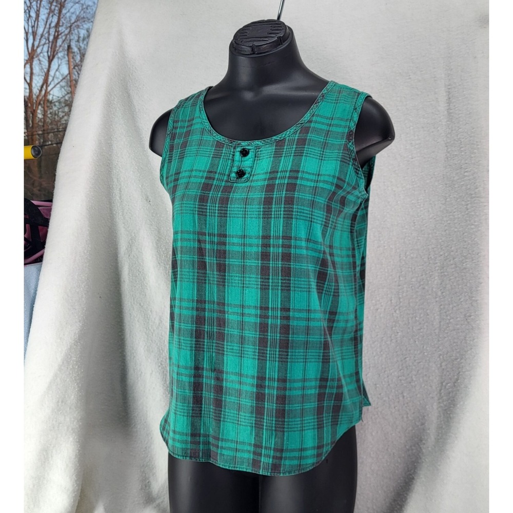 Vintage 80s Victoria Harbor Tank Top Shirt Blouse Women's Medium Plaid Green
